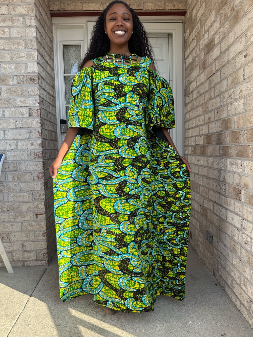 Green Printed Cold-Shoulder Maxi Dress